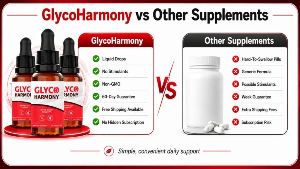 GlycoHarmony vs other supplements comparison banner with benefits and product differences.