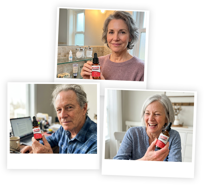 GlycoHarmony customer lifestyle collage showing people holding the supplement bottle.
