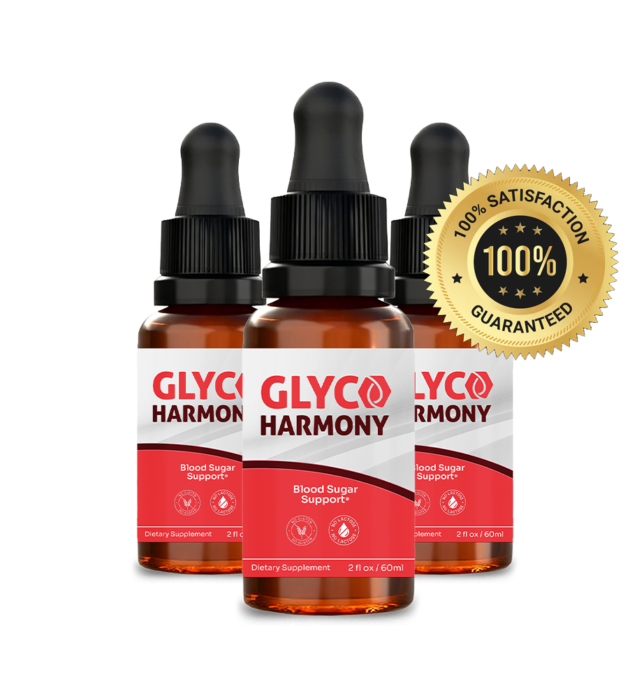 GlycoHarmony bottles with 100 percent satisfaction guarantee badge.