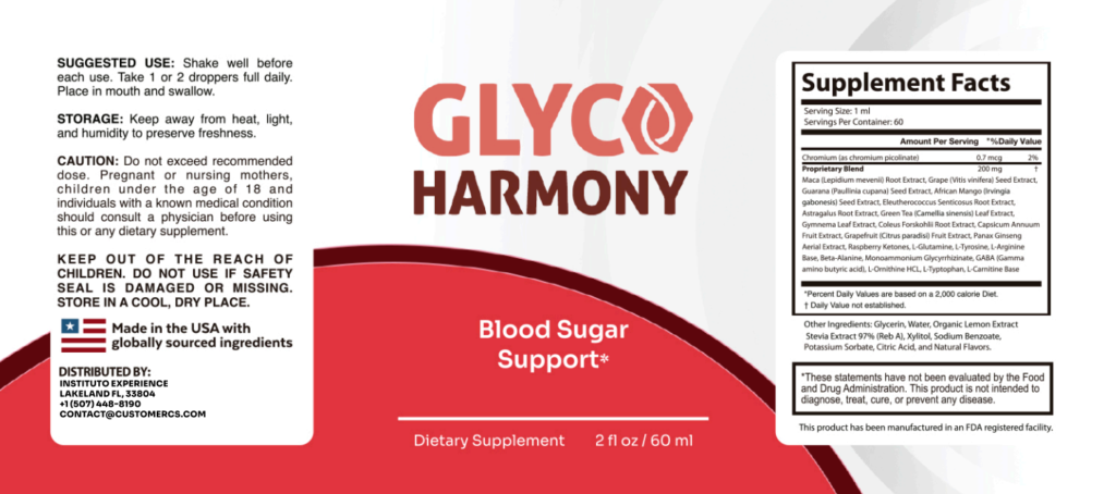 GlycoHarmony supplement facts label with serving information and ingredient details.